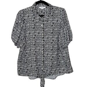 Nine West Womens XXL Blouse Geometric Tie Front Puff Sleeve Button Up